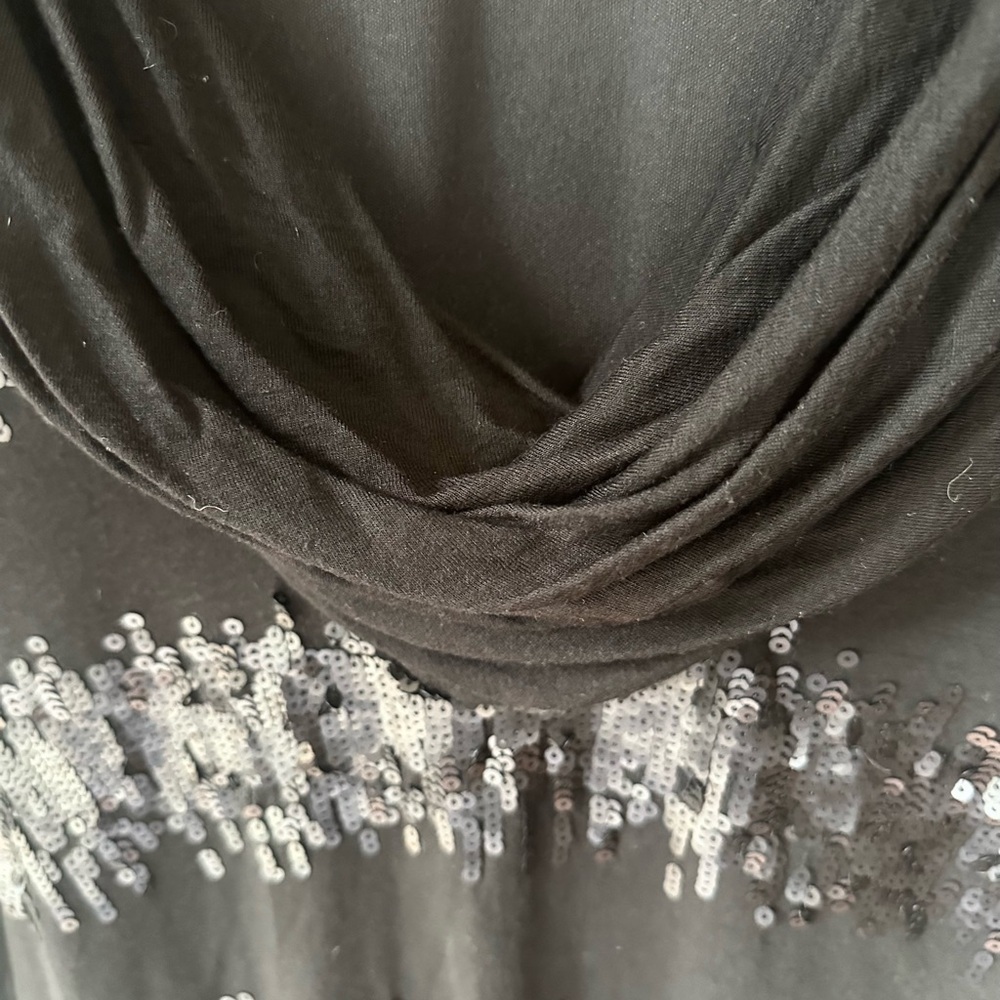 Badgley Mischka Black Sequin Jersey Long Sleeve Dress open Draped Back sz Small - Picture 5 of 9